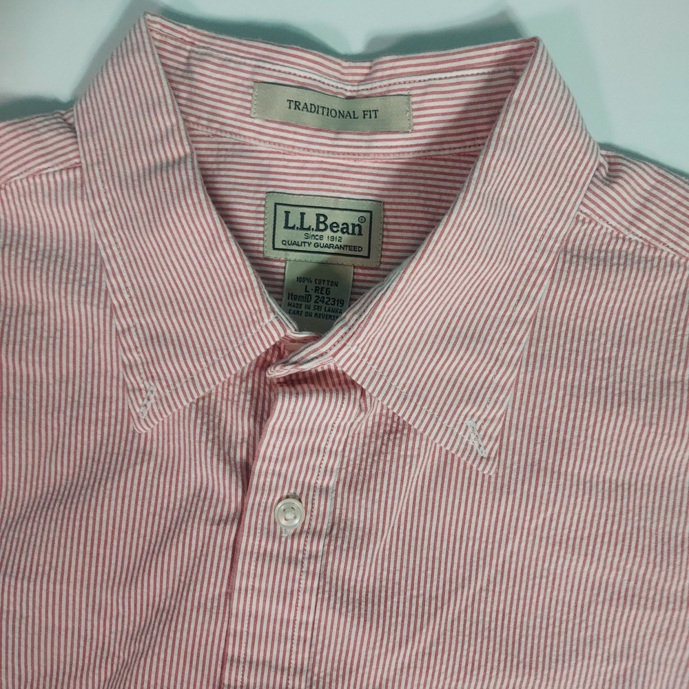 LL Bean Shirt Mens Large Salmon Striped Button Down Traditional Fit 100% Cotton